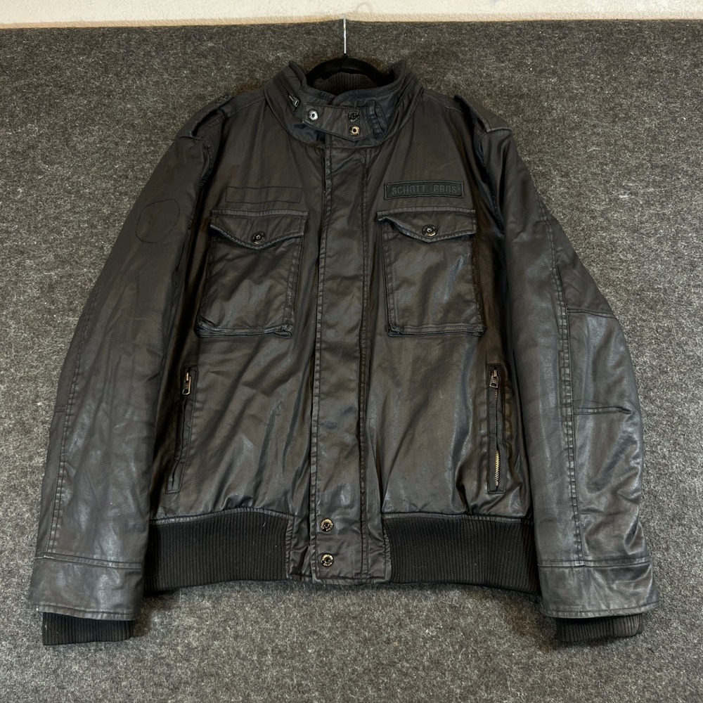 Schott NYC Black Coated Cotton Military Bomber Flight Jacket Plaid Lined Mens XL